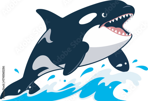 Cartoon orca jumping out of the water with mouth open, showing teeth and splashing water.