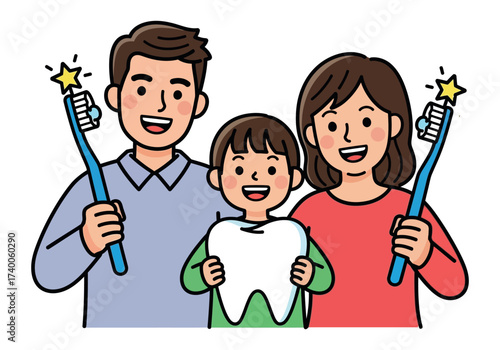 Vector art of happy family holding toothbrush and tooth