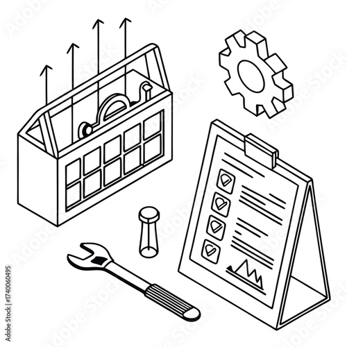 Outlined tools and checklist isometric illustration