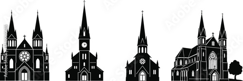 Gothic church silhouette set—black and white cathedral vector with spires, rose windows, and ornate architecture for design and educational themes