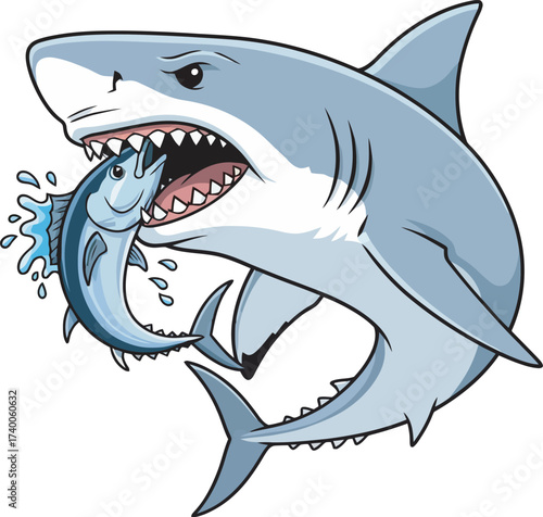 Cartoon illustration of a large shark with sharp teeth eating a smaller fish, surrounded by water splashes.