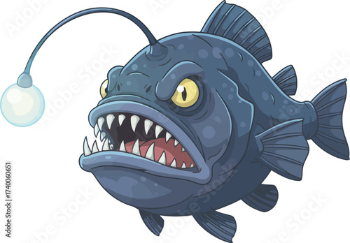 Cartoon anglerfish with sharp teeth and glowing lure, isolated on white.