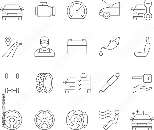 Editable line icon set for automotive services repair and maintenance with clean design elements
