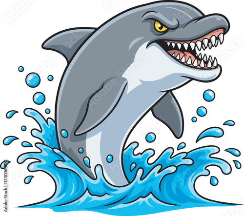 Cartoon dolphin with sharp teeth jumping out of blue water, creating splashes and bubbles.