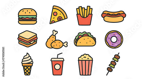 Colorful Cartoon Food Icons Set Burgers, Pizza, and More