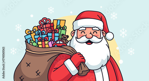 Joyful Santa Claus with Bag of Gifts and Snowflakes