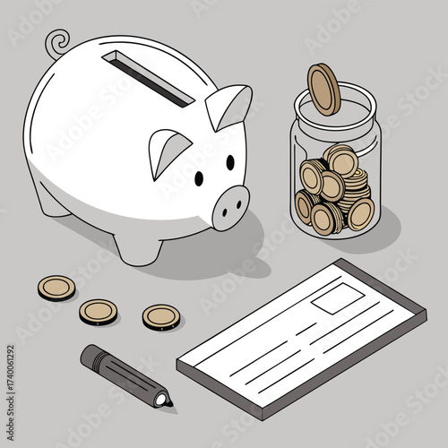 Piggy bank coins and checkbook illustration