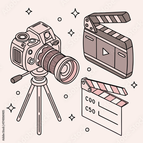 Pink camera tripod and clapperboard illustration