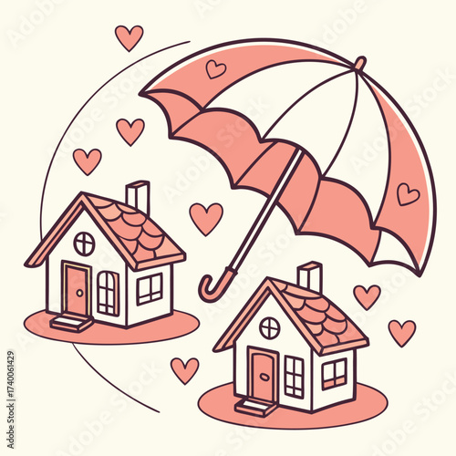 Pink umbrella protecting houses