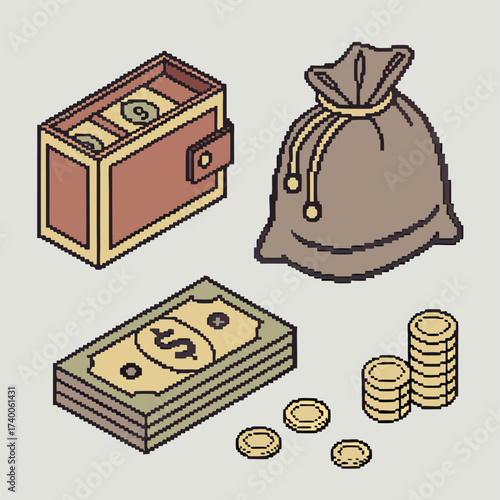 Pixel art isometric financial objects