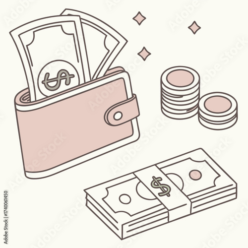 Pink wallet with money and coins
