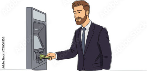 Continuous line of man taking money from the ATM, Handsome man taking money from the ATM. Professional illustration isolated on white background.
