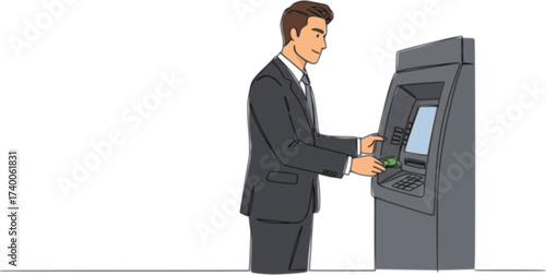 Continuous line of man taking money from the ATM, Handsome man taking money from the ATM. Professional illustration isolated on white background.
