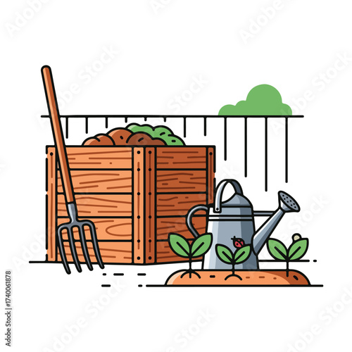 Garden Tools, Plants, and Wooden Box Illustration