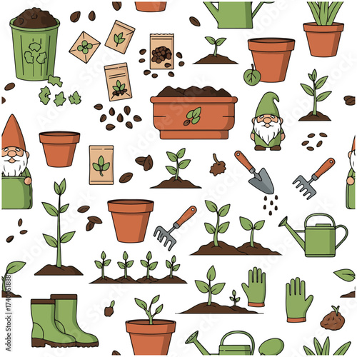 Gardening Pattern With Gnomes and Plants