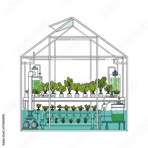 Greenhouse Aquaponics System Vector Illustration