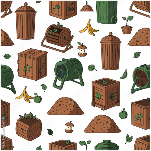 Hand Drawn Composting Bins Seamless Pattern