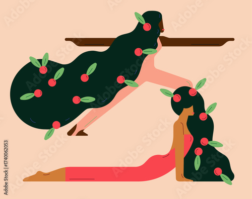Two women doing yoga vector Illustration. Yoga poses for two women flat vector. Healthy Lifestyle: Two Women Yoga Illustration. Wellness and Fitness: Two Women Yoga Vector. 