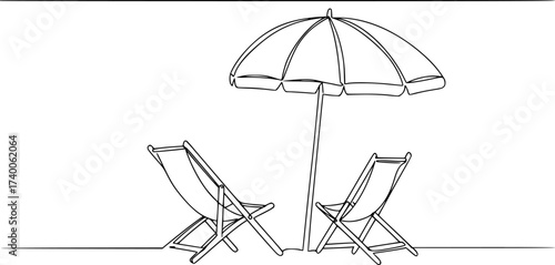 Beach umbrella and chair in one continuous line drawing, Summertime relax on deck chair on coast of sea. Relaxation equipment. Vector outline.
