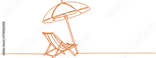 Beach umbrella and chair in one continuous line drawing, Summertime relax on deck chair on coast of sea. Relaxation equipment. Vector outline.
