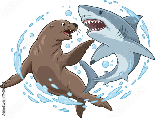 Cartoon illustration of a sea lion facing a shark, surrounded by water splashes.