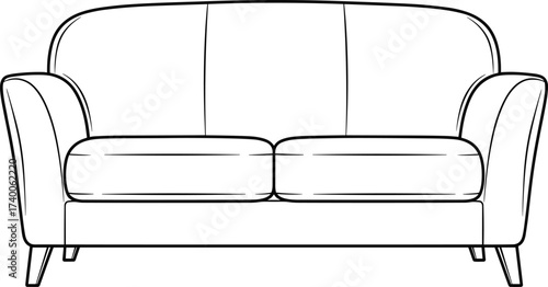 Modern two-seater sofa line drawing—black and white vector furniture icon for interior design, home decor, and lifestyle illustration themes