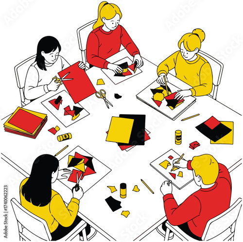 Kids Doing Paper Crafts Around Table Illustration