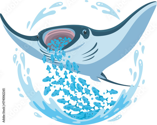 Cartoon manta ray feeding on a school of fish, surrounded by splashing water.