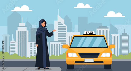 Woman in abaya hailing a yellow taxi cab in a city with skyscrapers.