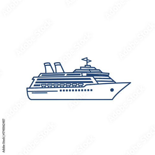 A blue line drawing of a cruise ship sailing on the ocean, isolated on white.