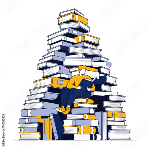 Person Reading Book on Book Stack Illustration