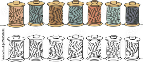 Spools of thread in one continuous line drawing. Spool symbol for atelier and fashion design concept in simple linear style. Editable stroke. Doodle vector illustration