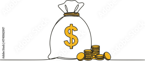 Dollar money bag single line drawing. Hand holding coin continuous one line drawing, Continuous one line drawing of money bag. Money storage and investment single Line art
