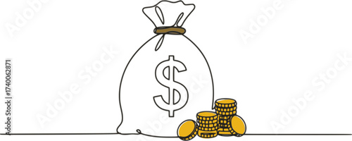 Dollar money bag single line drawing. Hand holding coin continuous one line drawing, Continuous one line drawing of money bag. Money storage and investment single Line art
