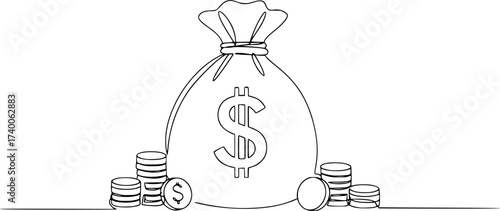 Dollar money bag single line drawing. Hand holding coin continuous one line drawing, Continuous one line drawing of money bag. Money storage and investment single Line art