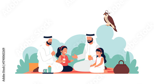 Two Arab men with their daughters enjoying time outdoors with a falcon perched above them.