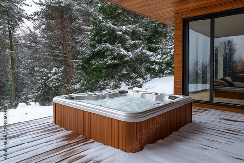 Wooden jacuzzi on terrace of the house. Bathtub on the open terrace in winter.