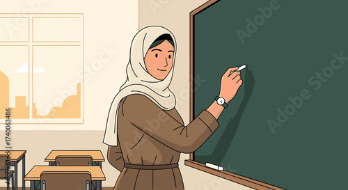 Muslim woman wearing a hijab writing on a chalkboard in a classroom setting.