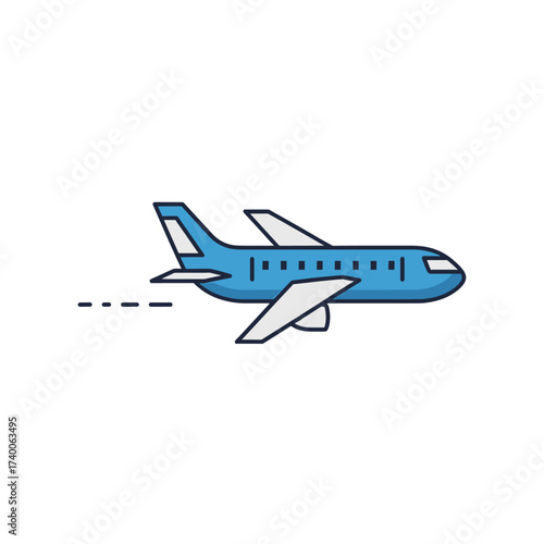 A blue airplane flies to the left, leaving a dashed trail, on a white background.