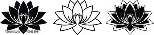 Three stylized lotus flower designs in black and white, showcasing solid, outline, and mixed petal styles for symbolic vector themes