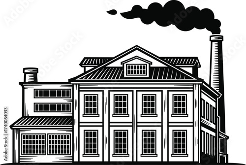 Vintage factory silhouette—black and white industrial building with smokestack, windows, and smoke for manufacturing, energy, and urban design themes