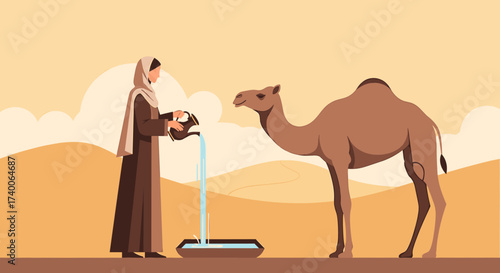 A woman in traditional attire pours water for a camel in the desert landscape.
