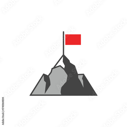 Illustration of a gray mountain peak with a red flag planted at the summit against a white background.