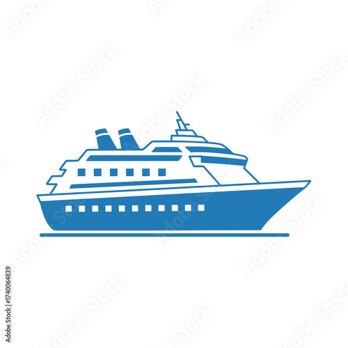 Blue illustration of a cruise ship sailing on the water, showing its side profile.