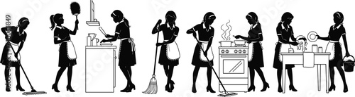 Women Performing Household Chores – Vector Silhouettes of Domestic Tasks Including Cleaning, Cooking, Washing, Scrubbing, and Home Maintenance Activities