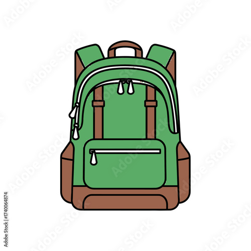 Illustration of a green and brown backpack with zippers and straps, isolated on a white background.