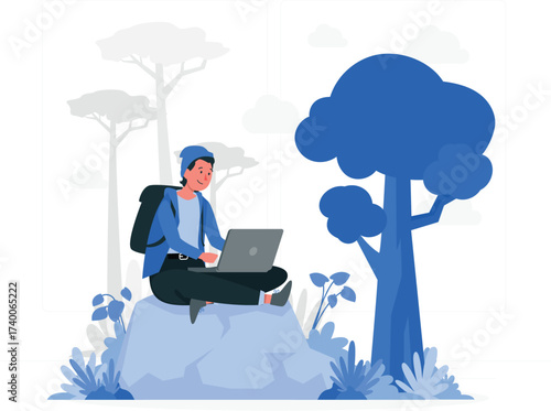 Businessman sitting in the office, holding a laptop and working with cloud technology