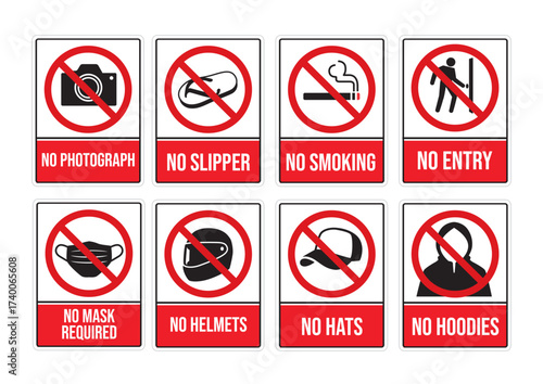 Isolated set of prohibition signs illustrating rules against photographs, slippers, smoking, entry, masks, helmets, hats, and hoodies. Public safety concept.