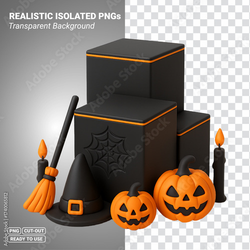 Halloween black podium with pumpkins witch hat broom spider web and candles Transparent PNG file ready to be used.