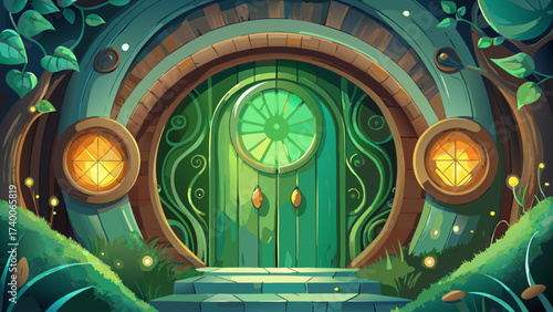 Close-up of Shire green door wood texture, glowing edges, surreal round shapes, fantasy aura, dreamlike environment, mystical hobbit house detail, epic artwork, enchanted close-up, legendary imaginati